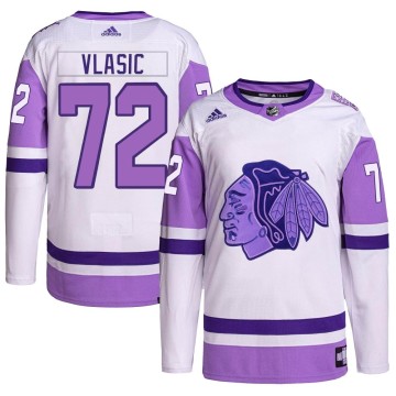 Authentic Adidas Men's Alex Vlasic Chicago Blackhawks Hockey Fights Cancer Primegreen Jersey - White/Purple