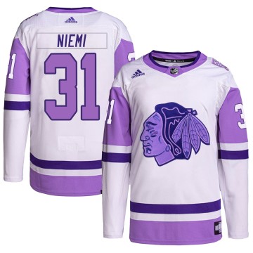 Authentic Adidas Men's Antti Niemi Chicago Blackhawks Hockey Fights Cancer Primegreen Jersey - White/Purple