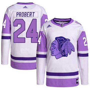 Authentic Adidas Men's Bob Probert Chicago Blackhawks Hockey Fights Cancer Primegreen Jersey - White/Purple