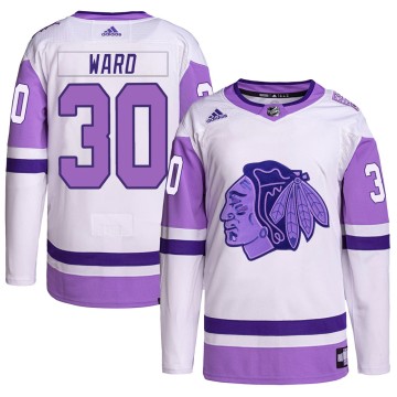Authentic Adidas Men's Cam Ward Chicago Blackhawks Hockey Fights Cancer Primegreen Jersey - White/Purple