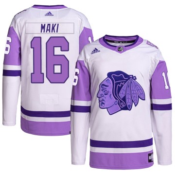 Authentic Adidas Men's Chico Maki Chicago Blackhawks Hockey Fights Cancer Primegreen Jersey - White/Purple