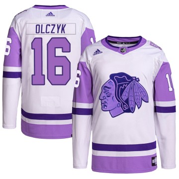 Authentic Adidas Men's Ed Olczyk Chicago Blackhawks Hockey Fights Cancer Primegreen Jersey - White/Purple