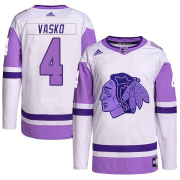 Authentic Adidas Men's Elmer Vasko Chicago Blackhawks Hockey Fights Cancer Primegreen Jersey - White/Purple