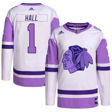 Authentic Adidas Men's Glenn Hall Chicago Blackhawks Hockey Fights Cancer Primegreen Jersey - White/Purple