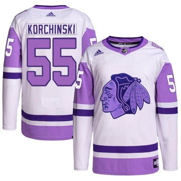 Authentic Adidas Men's Kevin Korchinski Chicago Blackhawks Hockey Fights Cancer Primegreen Jersey - White/Purple