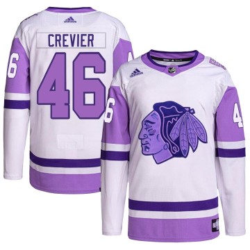 Authentic Adidas Men's Louis Crevier Chicago Blackhawks Hockey Fights Cancer Primegreen Jersey - White/Purple