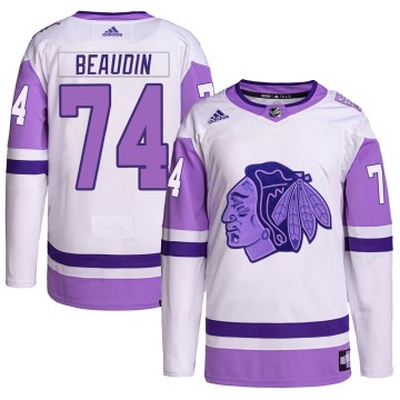 Authentic Adidas Men's Nicolas Beaudin Chicago Blackhawks Hockey Fights Cancer Primegreen Jersey - White/Purple