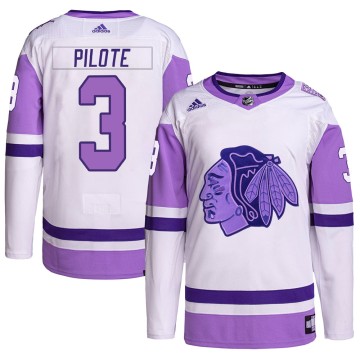 Authentic Adidas Men's Pierre Pilote Chicago Blackhawks Hockey Fights Cancer Primegreen Jersey - White/Purple