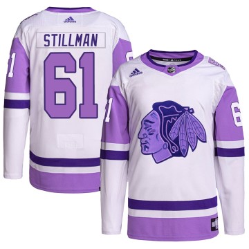 Authentic Adidas Men's Riley Stillman Chicago Blackhawks Hockey Fights Cancer Primegreen Jersey - White/Purple