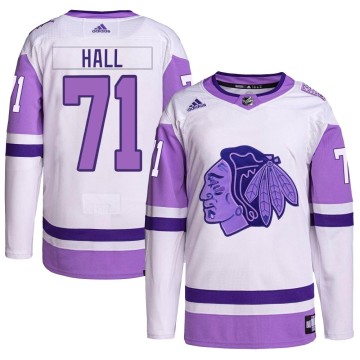 Authentic Adidas Men's Taylor Hall Chicago Blackhawks Hockey Fights Cancer Primegreen Jersey - White/Purple