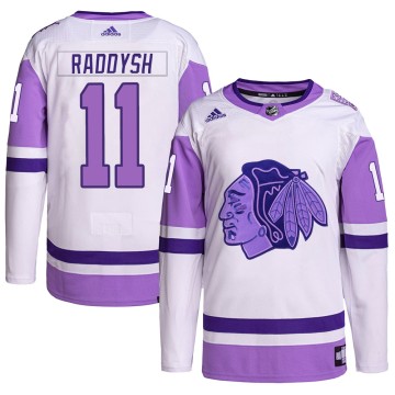 Authentic Adidas Men's Taylor Raddysh Chicago Blackhawks Hockey Fights Cancer Primegreen Jersey - White/Purple