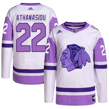 Authentic Adidas Youth Andreas Athanasiou Chicago Blackhawks Hockey Fights Cancer Primegreen Jersey - White/Purple