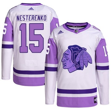 Authentic Adidas Youth Eric Nesterenko Chicago Blackhawks Hockey Fights Cancer Primegreen Jersey - White/Purple