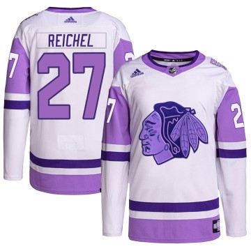 Authentic Adidas Youth Lukas Reichel Chicago Blackhawks Hockey Fights Cancer Primegreen Jersey - White/Purple