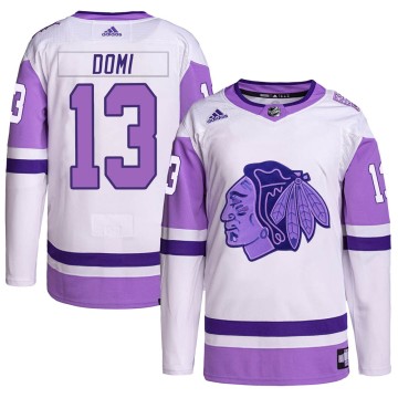 Authentic Adidas Youth Max Domi Chicago Blackhawks Hockey Fights Cancer Primegreen Jersey - White/Purple