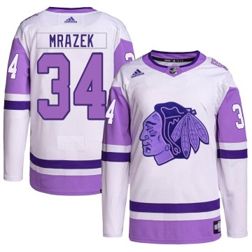 Authentic Adidas Youth Petr Mrazek Chicago Blackhawks Hockey Fights Cancer Primegreen Jersey - White/Purple