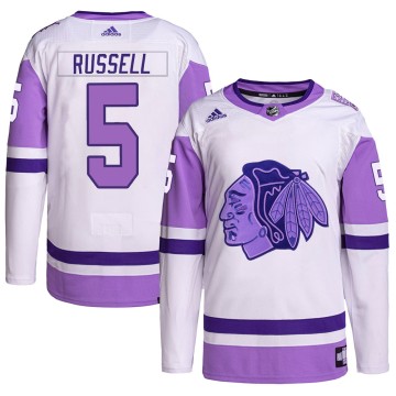 Authentic Adidas Youth Phil Russell Chicago Blackhawks Hockey Fights Cancer Primegreen Jersey - White/Purple