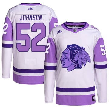 Authentic Adidas Youth Reese Johnson Chicago Blackhawks Hockey Fights Cancer Primegreen Jersey - White/Purple