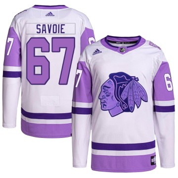 Authentic Adidas Youth Samuel Savoie Chicago Blackhawks Hockey Fights Cancer Primegreen Jersey - White/Purple