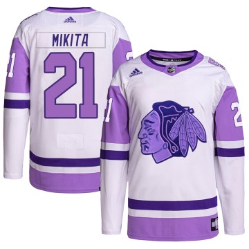 Authentic Adidas Youth Stan Mikita Chicago Blackhawks Hockey Fights Cancer Primegreen Jersey - White/Purple