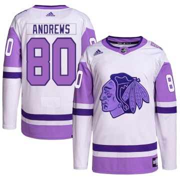 Authentic Adidas Youth Zach Andrews Chicago Blackhawks Hockey Fights Cancer Primegreen Jersey - White/Purple