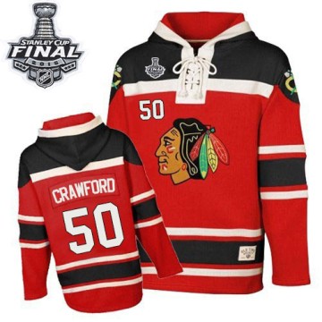 Premier Youth Corey Crawford Chicago Blackhawks Old Time Hockey Red Sawyer Hooded Sweatshirt 2015 Stanley Cup Patch - Black